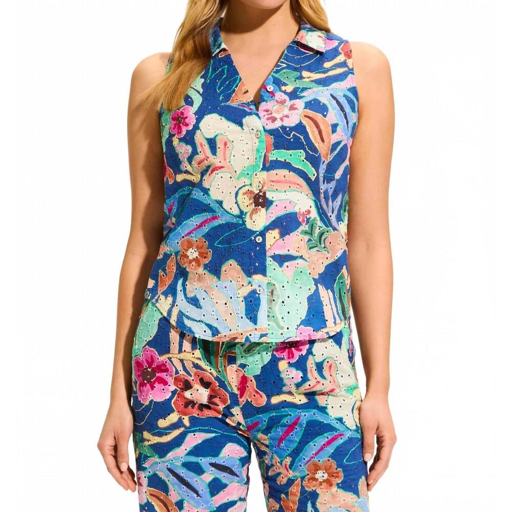 NEW FDJ perrine printed eyelet sleeveless shirt in pop camo floral